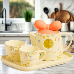 Керамический чайный набор из двух чашек и чайник 0213 Оранжевый бант (WAN)