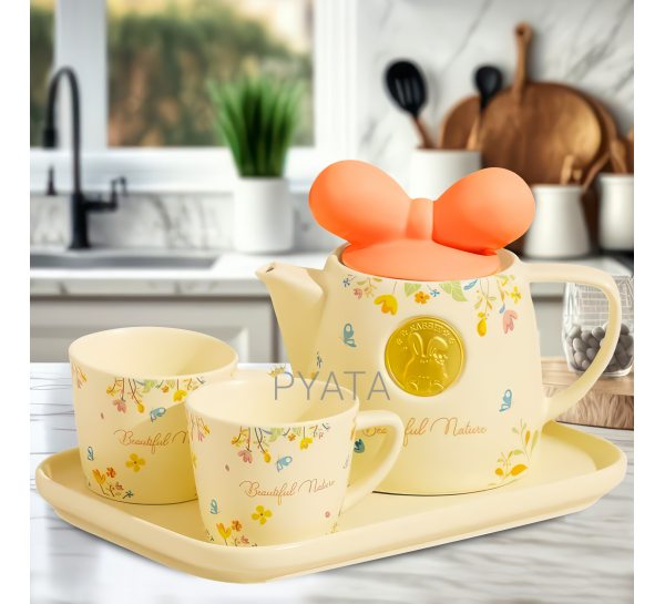 Керамічний чайний набір із двох чашок та чайник 0213 Помаранчевий бант (WAN)
