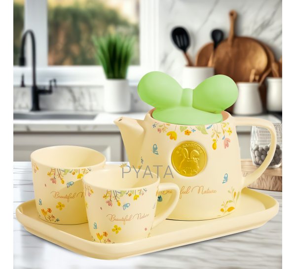 Керамічний чайний набір із двох чашок та чайник 0213 Зелений бант (WAN)