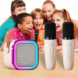 Детское караоке с 2-мя микрофонами K12 Bluetooth колонка с RGB подсветкой Бежевый/205