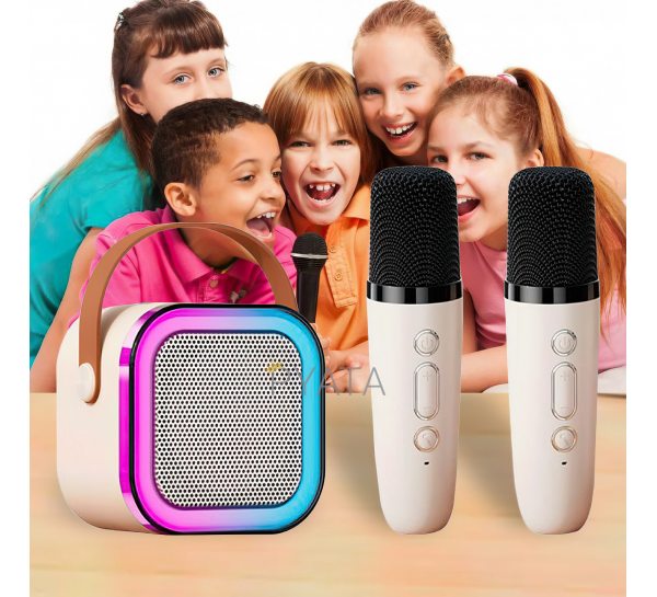 Детское караоке с 2-мя микрофонами K12 Bluetooth колонка с RGB подсветкой Бежевый (205)