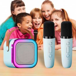 Детское караоке с 2-мя микрофонами K12 Bluetooth колонка с RGB подсветкой Голубой/205