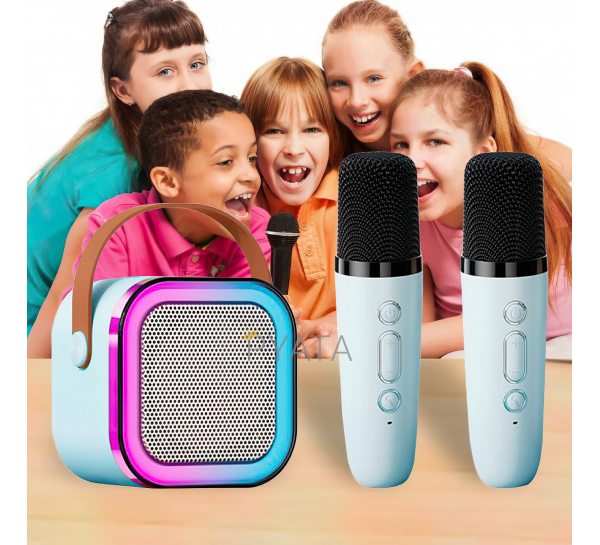 Детское караоке с 2-мя микрофонами K12 Bluetooth колонка с RGB подсветкой Голубой (205)