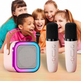 Детское караоке с 2-мя микрофонами K12 Bluetooth колонка с RGB подсветкой Розовый/205