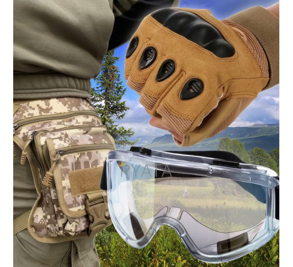 Чоловічий набір 3в1 захисні безпалі рукавички з посиленням, захисні окуляри, сумка на стегно Койот-камуфляж XL