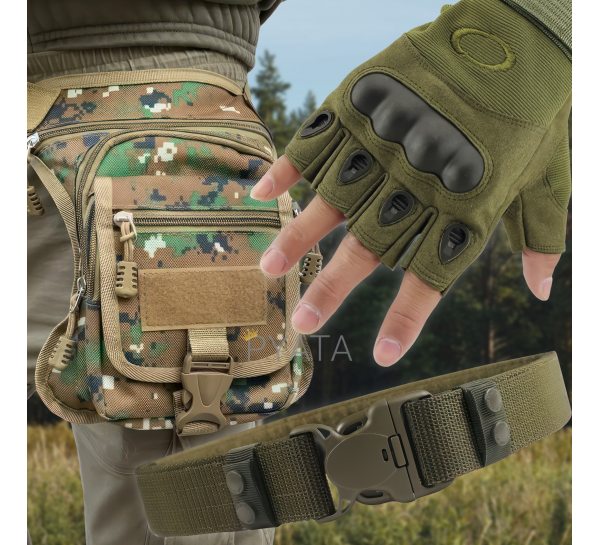 Мужской набор 3в1 защитные беспалые перчатки с усилением, ремень, сумка на бедро Хаки-камуфляж XL
