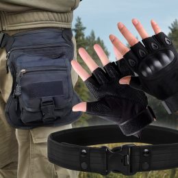 Мужской набор 3в1 защитные беспалые перчатки с усилением, ремень, сумка на бедро Черный XL