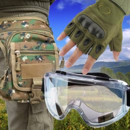 Мужской набор 3в1 защитные беспалые перчатки с усилением, защитные очки, сумка на бедро Хаки-камуфляж XL