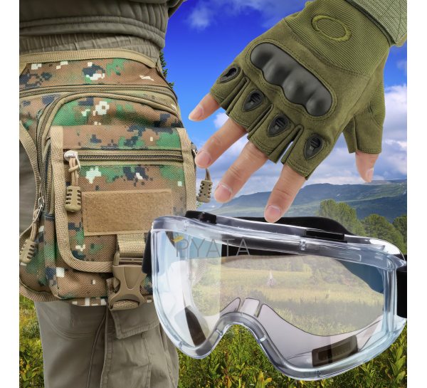 Чоловічий набір 3в1 захисні безпалі рукавички з посиленням, захисні окуляри, сумка на стегно Хакі-камуфляж XL