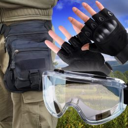 Мужской набор 3в1 защитные беспалые перчатки с усилением, защитные очки, сумка на бедро Черный XL