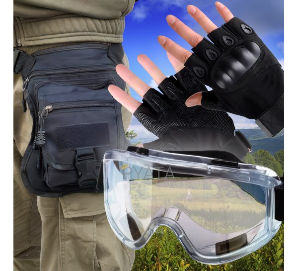 Мужской набор 3в1 защитные беспалые перчатки с усилением, защитные очки, сумка на бедро Черный XL
