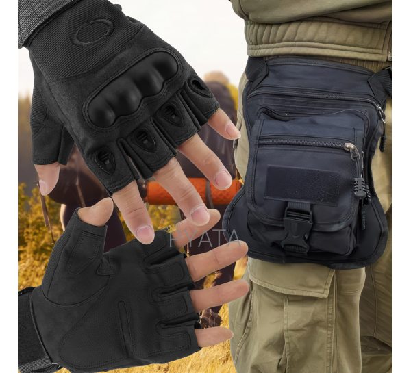 Чоловічий набір 2в1 багатофункціональна сумка на стегно+безпальні рукавички XL Чорний