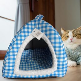Флисовый домик-лежанка для собак и кошек 0003 35х40 Синяя клетка (ВУ)