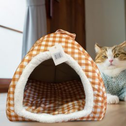 Флисовый домик-лежанка для собак и кошек 0003 35х40 Бежевая клетка (ВУ)