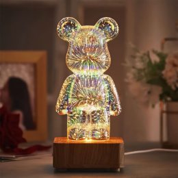 Детский настольной 3д светильник-проектор на деревянной подставке "Мишка" фейеверк 7 цветов свечения (219)