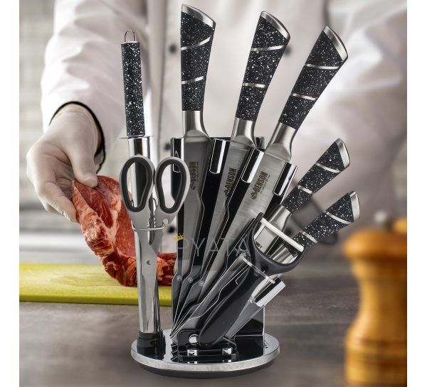 Комлпект ножей из нержавеющей стали (ножи+ножницы+мусат+овощечистка) на подставке 8 предметов Benson BN-405 (BN)