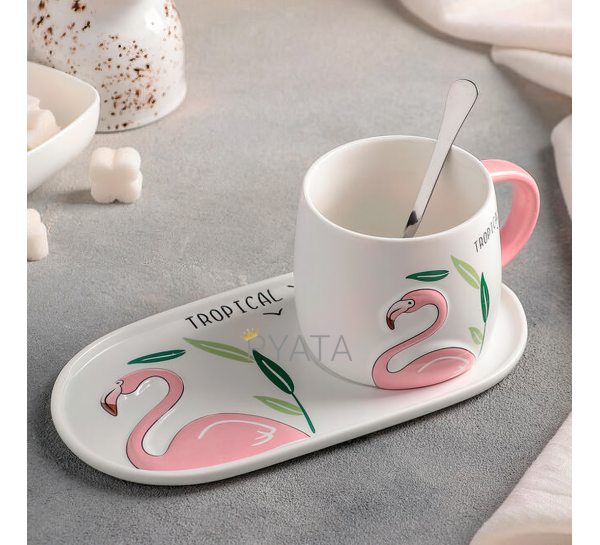 Набор с чашкой, подставка и ложка Фламинго EL-HY908-2