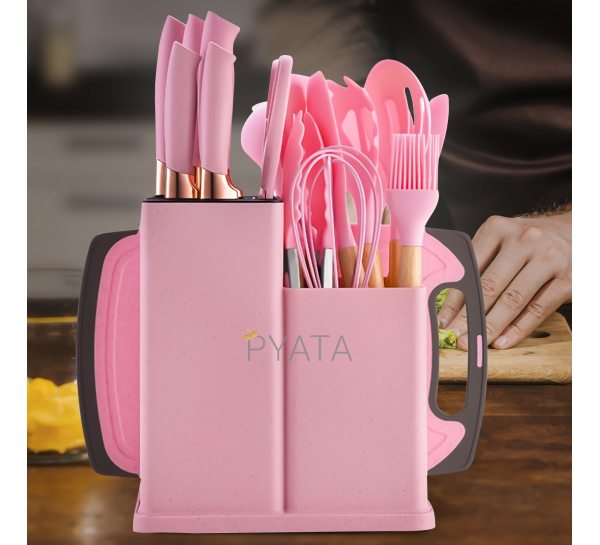 Набор кухонный силиконовых аксессуаров на подставке Kitchenware Set 20 предметов Розовый мрамор (HA-301)