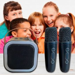 Детское караоке с 2-мя микрофонами K12 Bluetooth колонка с RGB подсветкой Черный (205)