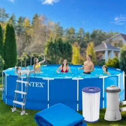 Каркасный бассейн Intex 28242  в комплекте картриджный фильтр-насос 3 785 л/ч, лестница, тент, подстилка