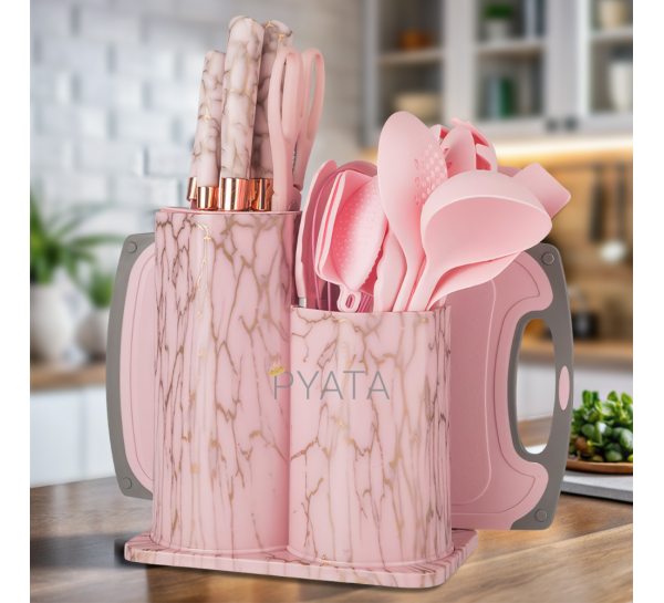 Набір кухонного приладдя Kitchenware Set, силіконові аксесуари на підставці 20 предметів, Рожевий мармур (HA-300)