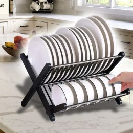 Настольная двухъярусная сушилка-стойка для хранения посуды Folding drain rack Черный (AMN)