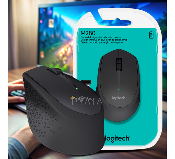 Миша бездротова комп'ютерна Logitech M280 Comfort Plus оптична для ноутбука та комп'ютера 3 кнопки 1000 dpi, Чорний (206)