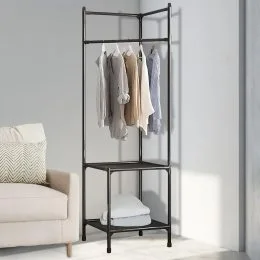 Двоповерхова металева кутова стійка-стелаж з поперечиною для вішалок Coat rack YH6606 Чорний (AMN)