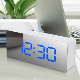 Настільний дзеркальний годинник Mirror Led Clock YQ-719 у стилі мінімал, Синій циферблат/Білий корпус