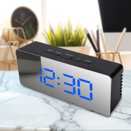 Настільний дзеркальний годинник Mirror Led Clock YQ-719 у стилі мінімал, Синій циферблат/Чорний корпус