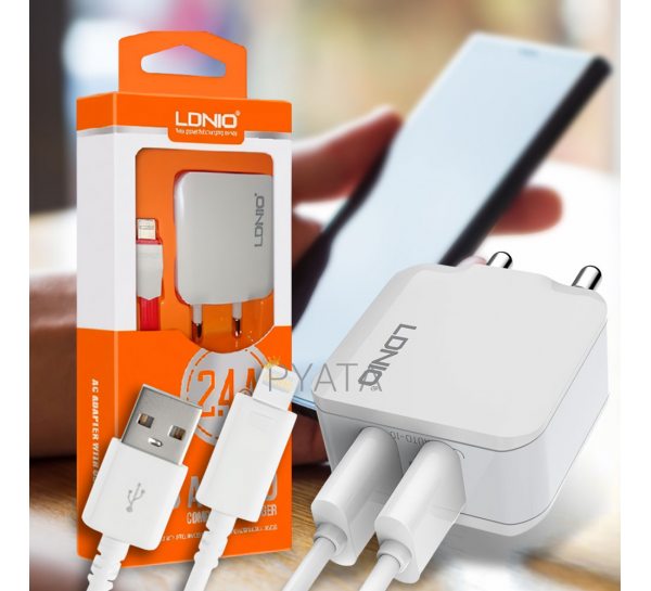 Зарядний пристрій LDNIO A2201 2 USB 2.4A + кабель Lightning (206)