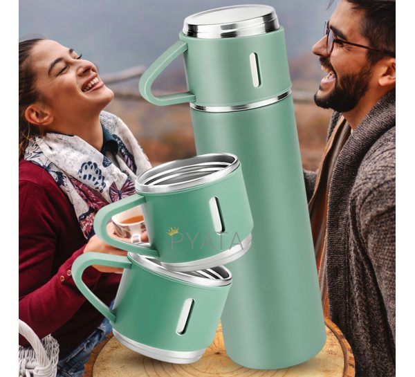 Подарунковий набір 3-в-1 Vacuum Flask Set: вакуумний термос на 500 мл + 3 чашки 150 мл, М'ятний