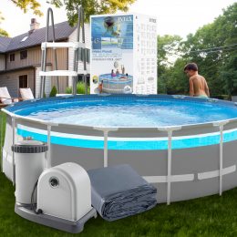 Круглый каркасный бассейн фильтр-насос, тент, лестница в комплекте Intex 26730 19114 л (I24)