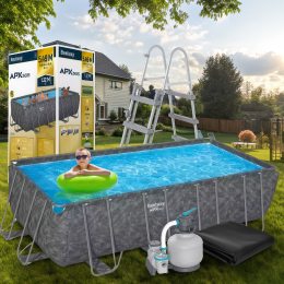 Прямокутний каркасний басейн сходи, тент, фільтр-насос у комплекті Bestway 561KA, 549 х 274 х 132 см 16477 л