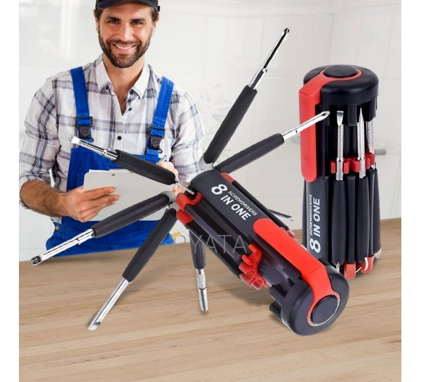 Многофункциональная портативная отвертка Multi-Screwdriver Torch FZ-895, 8 в 1 с фонариком, Черный/Красный (YAB)