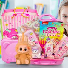 Подарочный розовый чемодан с набором канцелярии «Зайчик» 55+ предметов и игрушка Labubu HaveASea Серии 2