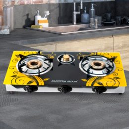 Портативна настільна скляна газова плита з п'єзопідпалом ELECTRA MOON 1665 3 конфорки (JS)