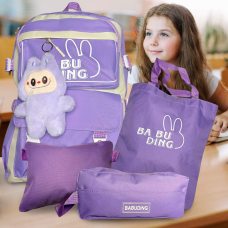 Універсальний шкільний дитячий набір 3102 5 в 1 рюкзак з шопером, пеналом, сумочкою для дрібниць та лабубу Фіолетовий