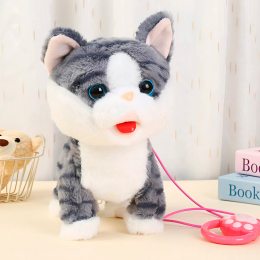 Детская мягкая интерактивная игрушка Котенок, который ходит мяукает и поет с поводком-пультом A9-58 Серый (AX)