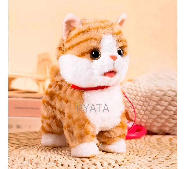 Детская мягкая интерактивная игрушка Котенок, который ходит мяукает и поет с поводком-пультом A9-58 Бежевый (AX)