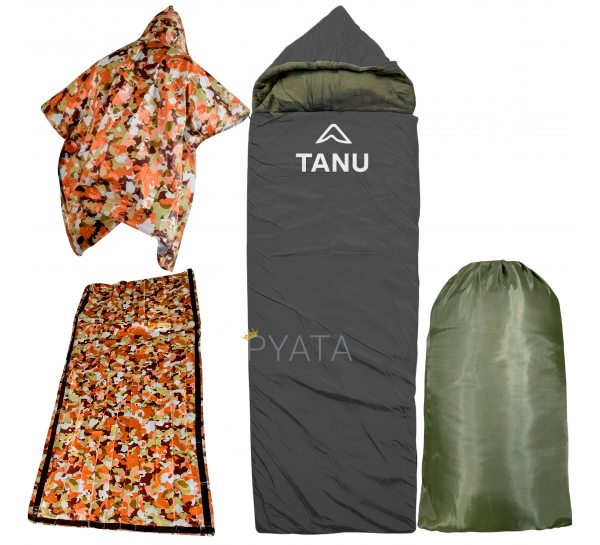 Термо-набор флисовый спальный мешок с синтепоном и подушкой TANU -30С°, 350 г/м2, размер 220*90 см Черный (BR)