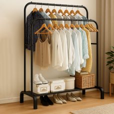 Металева підлогова подвійна розкладна стійка для одягу та поличками для взуття YP 205 Чорний (2507) Металева підлогова подвійна розкладна стійка для одягу та поличками для взуття YP 205 Чорний (2507)