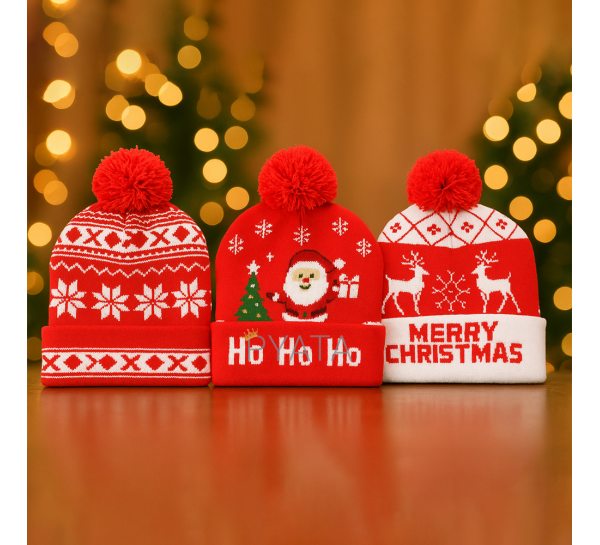 Святкова різдвяна креативна шапка 12089 подвійне в'язання з помпоном