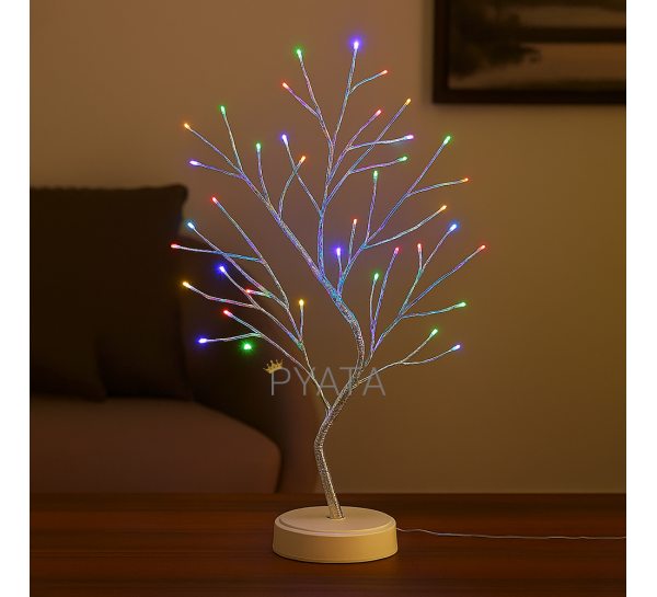 Світлодіодна настільна гірлянда біле дерево "Бансай" 60 см 108 діодів 12В/3хАА Мультиколірне світіння (4389)