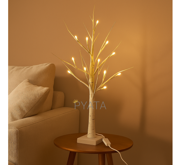 Светодиодная настольная гирлянда белое дерево «Березка» 60 см 24 диода 220В  Теплое белое свечение (4389)
