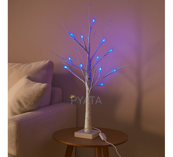 Светодиодная настольная гирлянда белое дерево «Березка» 60 см 24 диода 220В Синее свечение (4389)