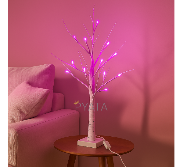Светодиодная настольная гирлянда белое дерево «Березка» 60 см 24 диода 220В Розовое свечение (4389)