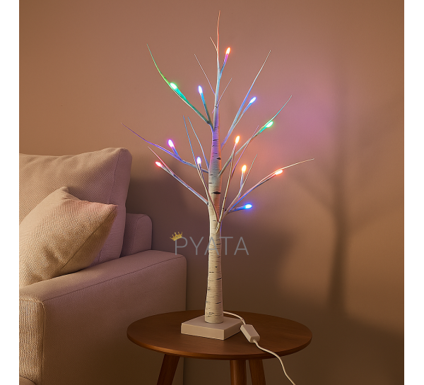 Светодиодная настольная гирлянда белое дерево «Березка» 60 см 24 диода 220В Мультицветное свечение (4389)