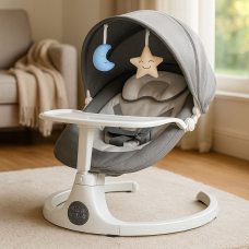 Укачивающий центр 2в1 со столешницей от рождения с пультом управления серо-белый (509)