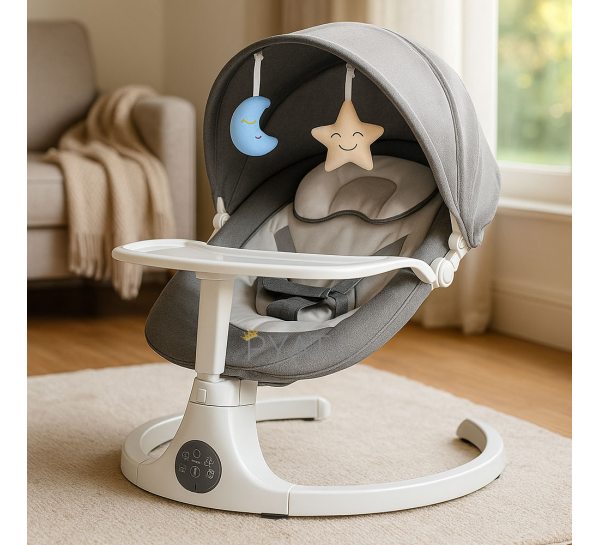 Укачивающий центр 2в1 со столешницей от рождения с пультом управления серо-белый (509)